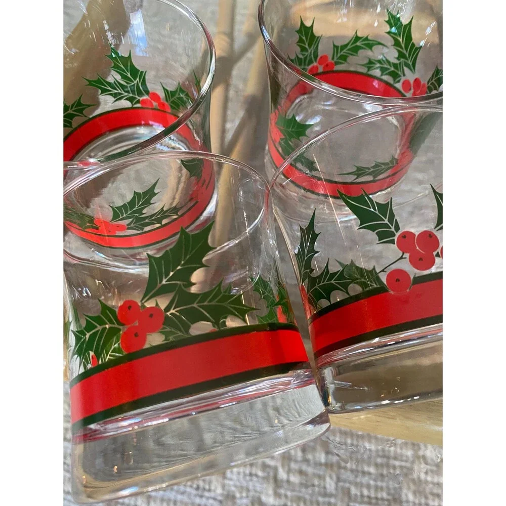 Set of 4 Libbey Holly and Berries Christmas Rocks Mai Tai Glasses